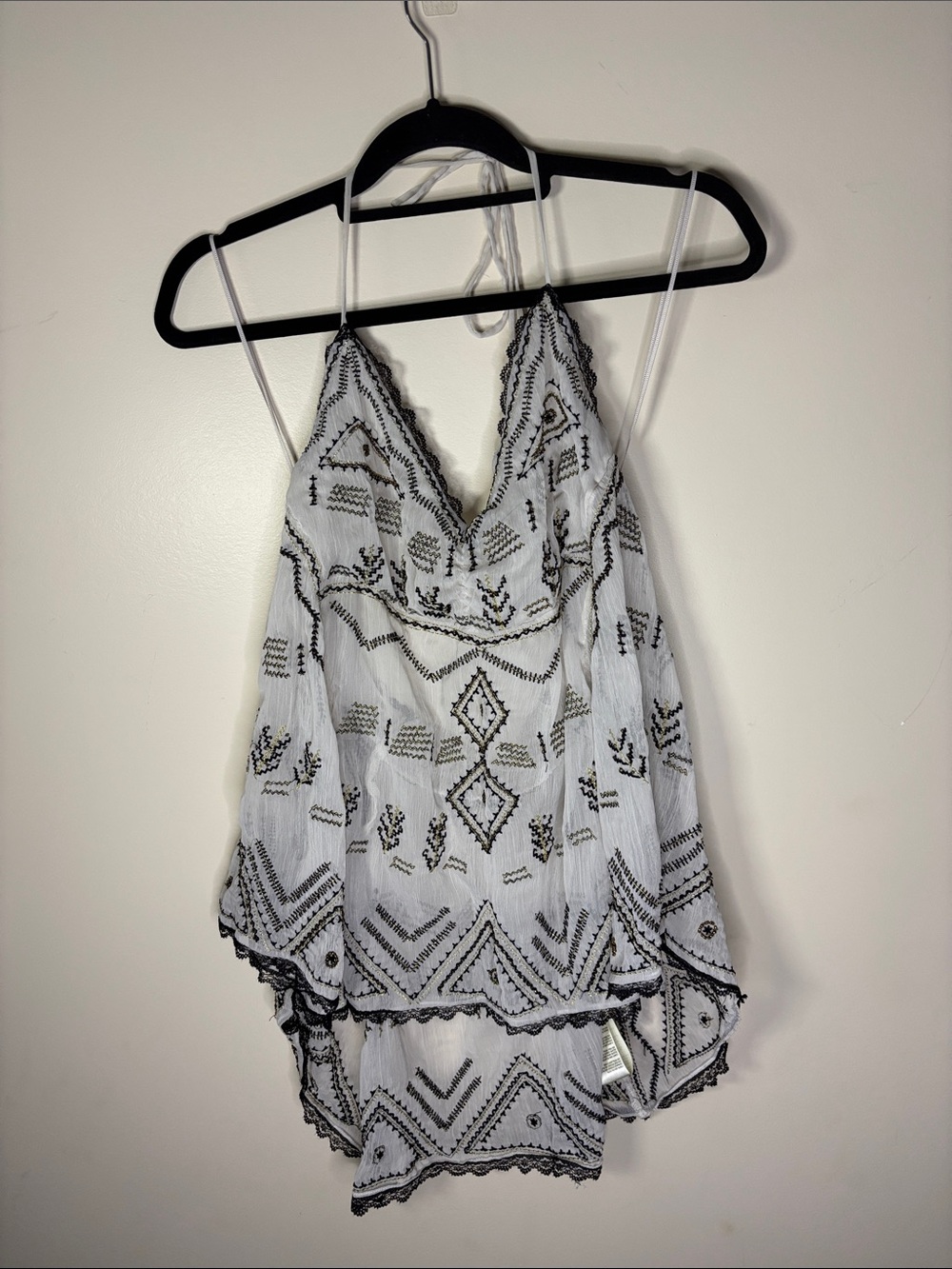 Free People White Camisole with Black Embroidered Pattern
